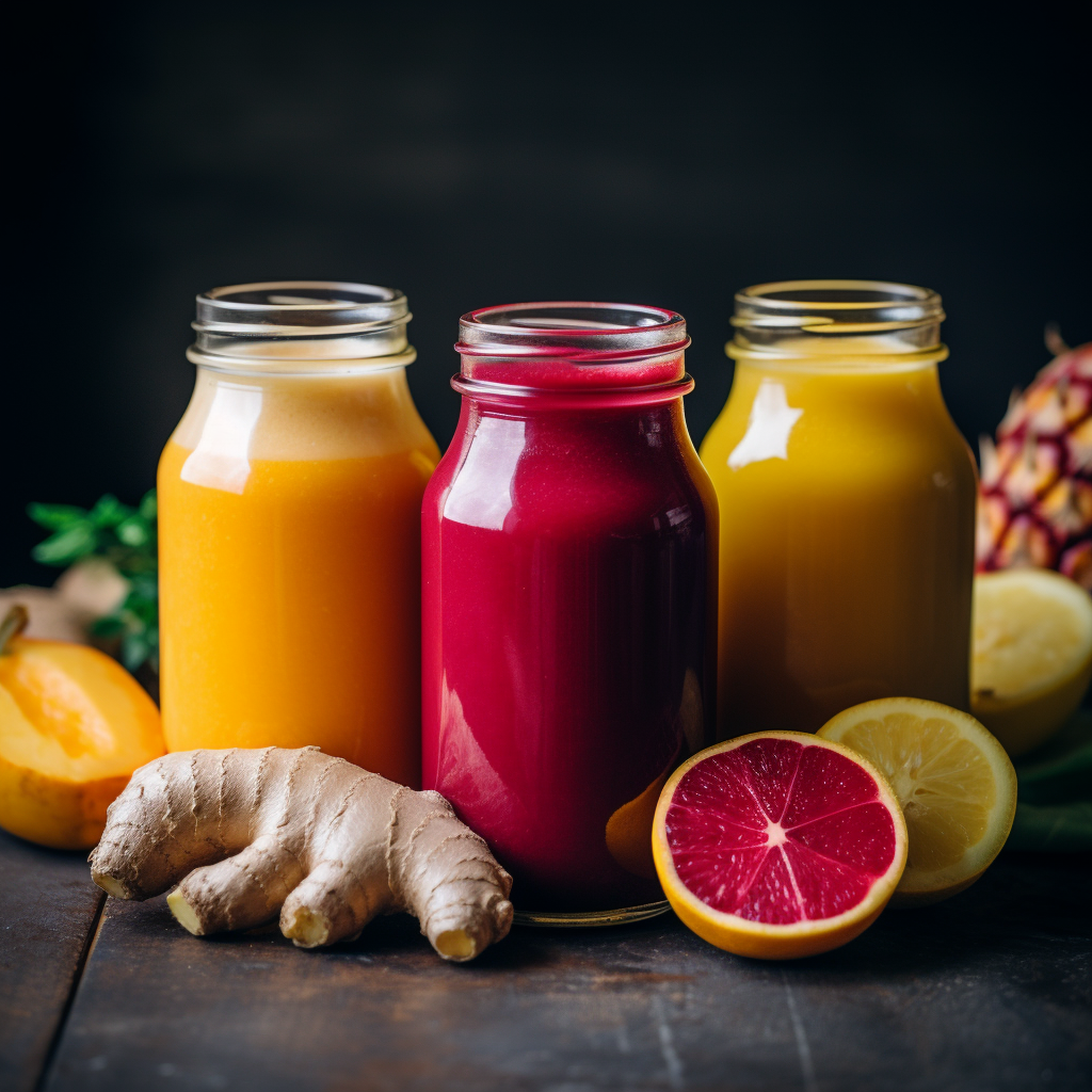 Three ginger juice blends in glasses: beet apple ginger juice, turmeric pineapple ginger juice, and classic fresh ginger juice.