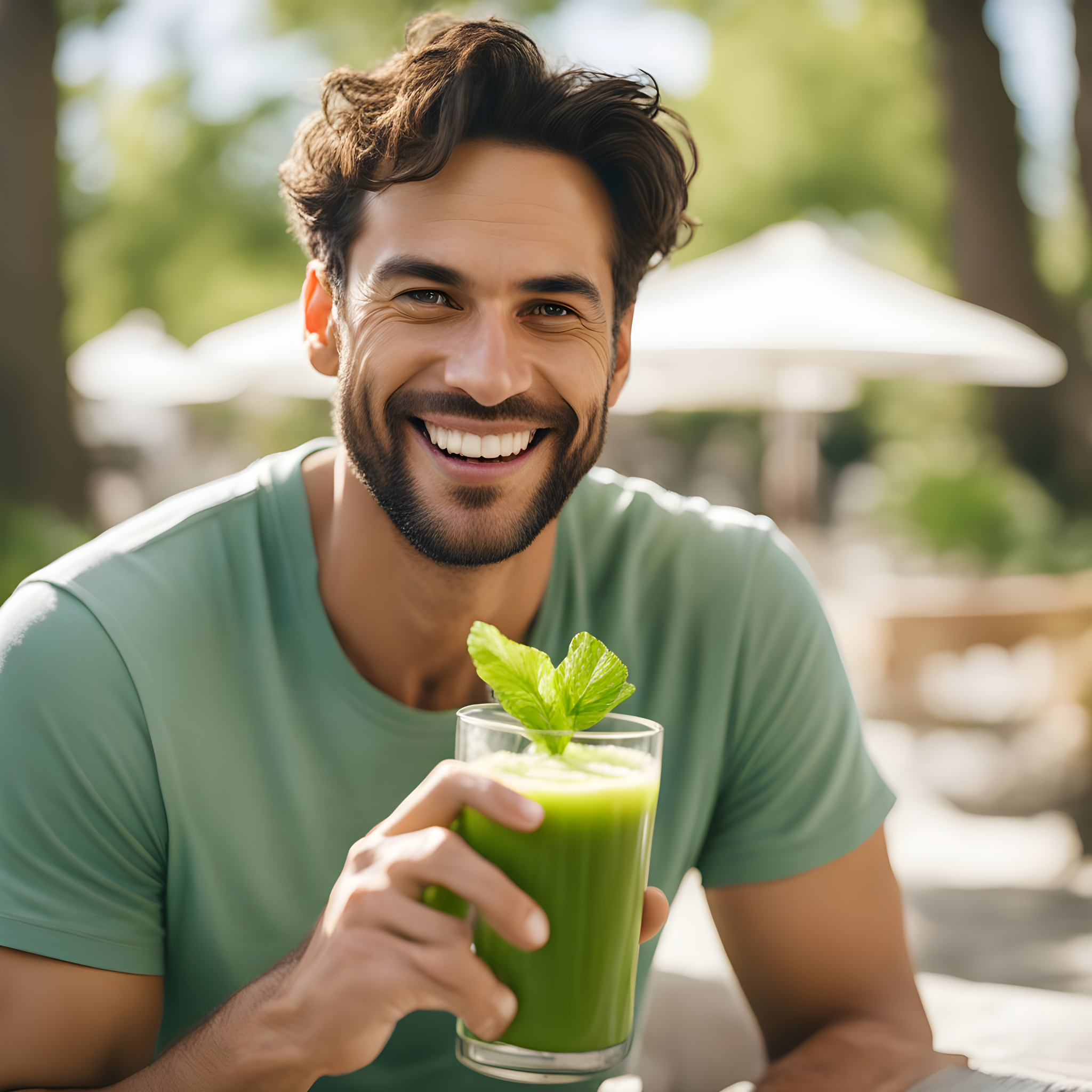 Person with glowing skin holding a glass of green juice
