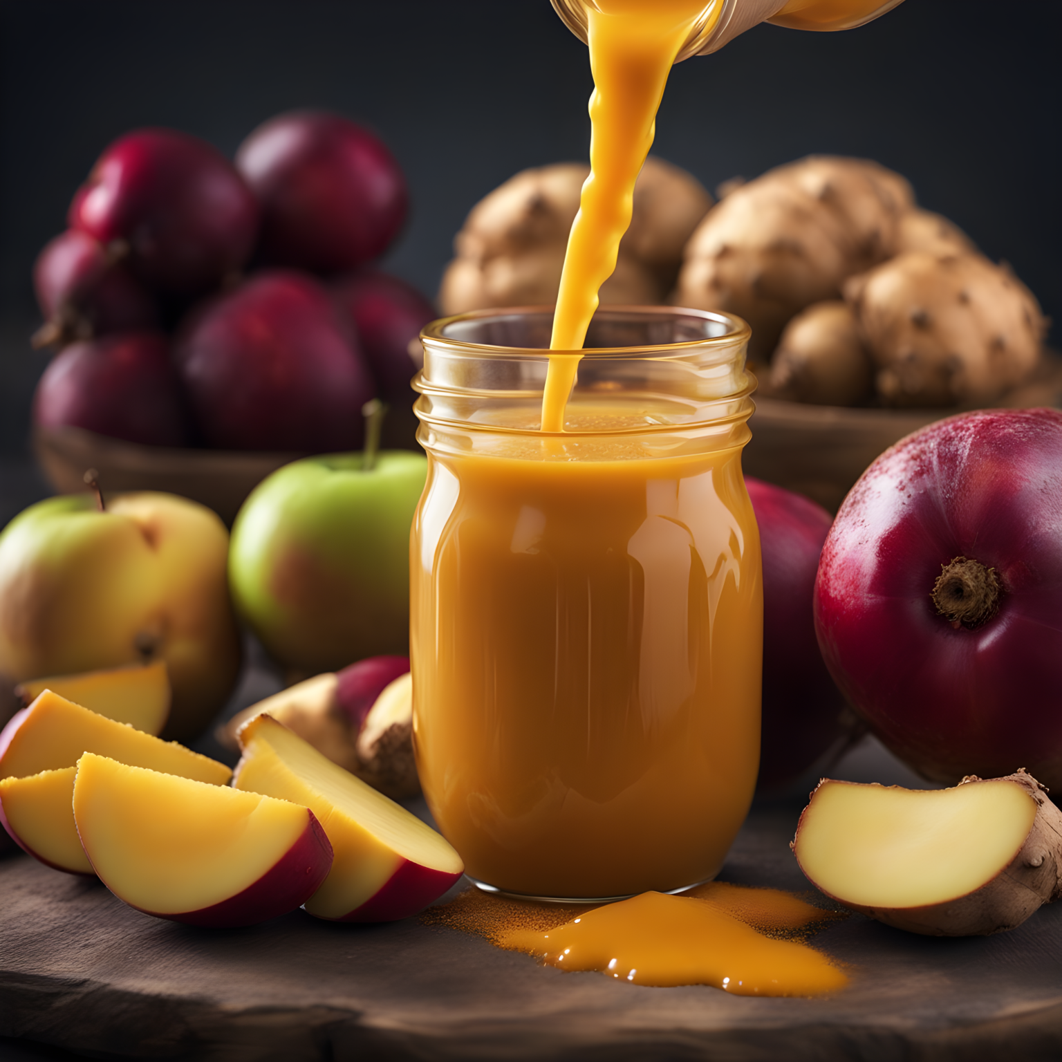 Fresh ginger root dripping with ginger juice, surrounded by apples, beets, and turmeric - showcasing the ginger juice recipe process.