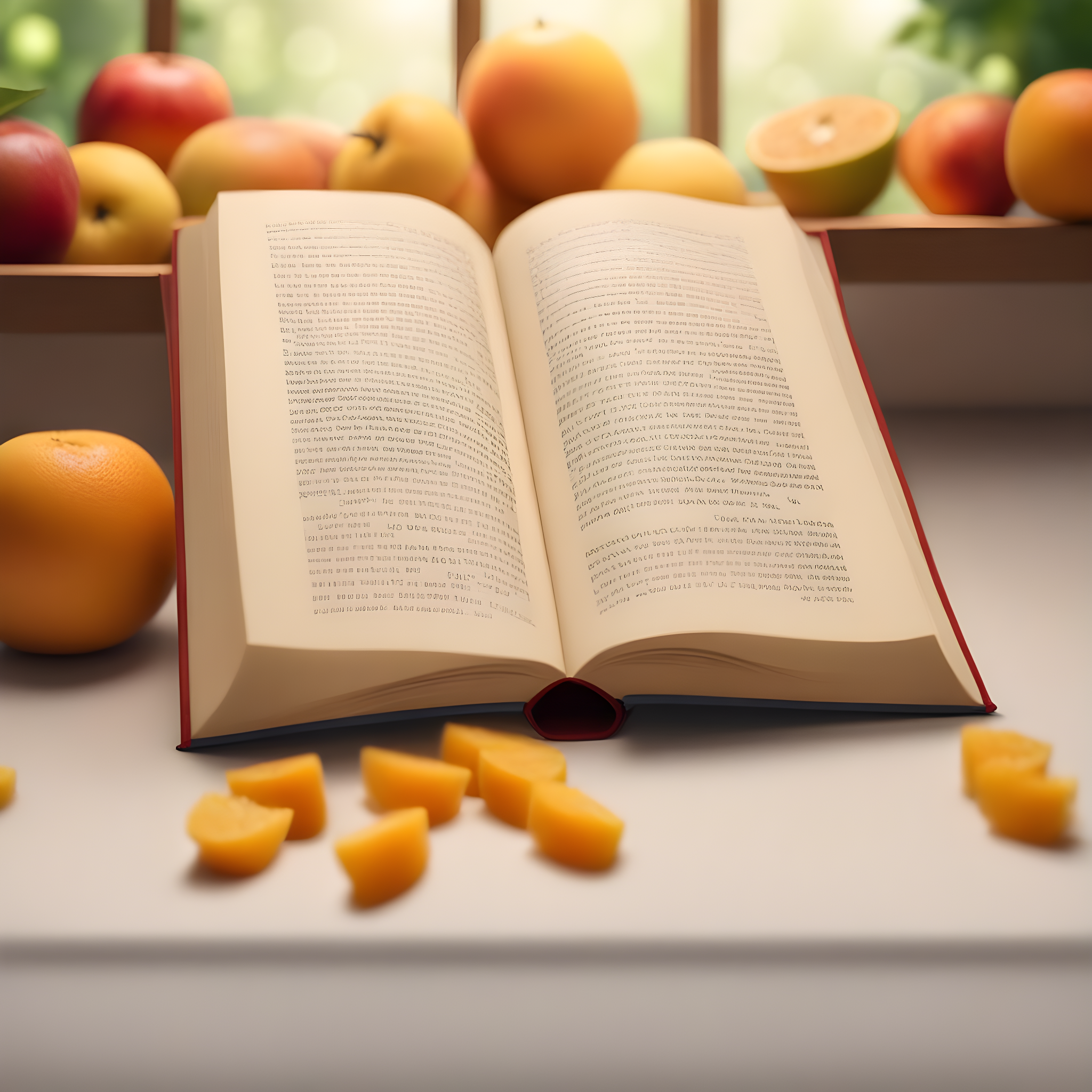 a open-faced book surrounded by mangos and apples
