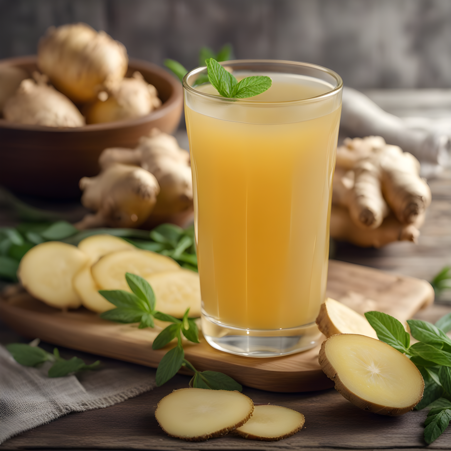 Glass of homemade ginger juice on a rustic table with ginger slices, a juicer, and herbs - a perfect representation of how to make ginger juice at home.