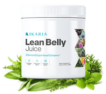 a jar that says ikaria lean belly juice sitting on leaves