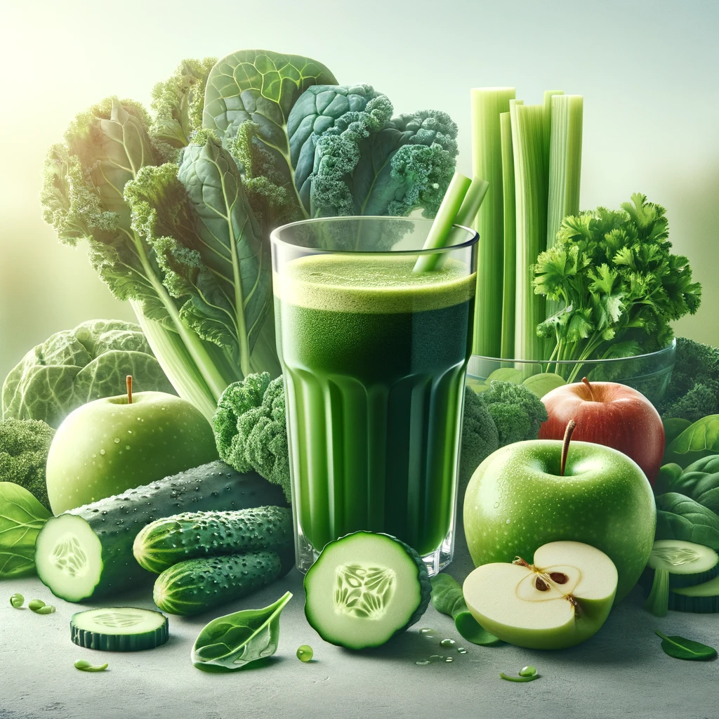 a cup of green juice surrounded by vegetables