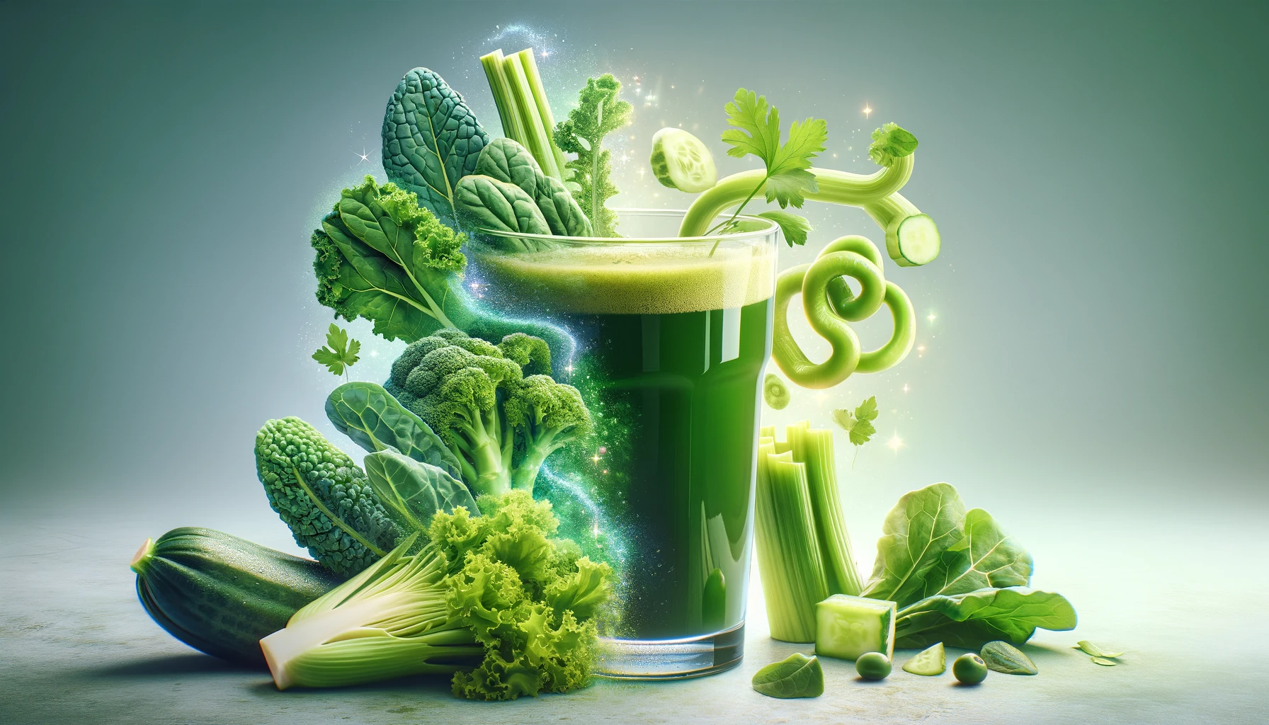 A bright and inviting image displaying an array of green vegetables such as kale, spinach, and celery being juiced, symbolizing the digestive health benefits of consuming green juice, with visual hints of gut health and detoxification.