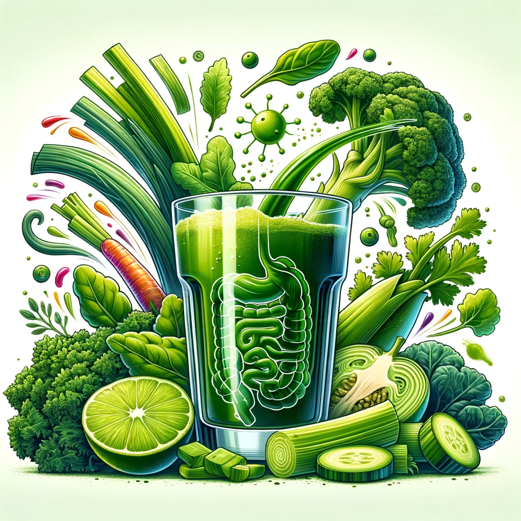 A bright and inviting image displaying an array of green vegetables such as kale, spinach, and celery being juiced, symbolizing the digestive health benefits of green juice, with visual hints of gut health and detoxification.