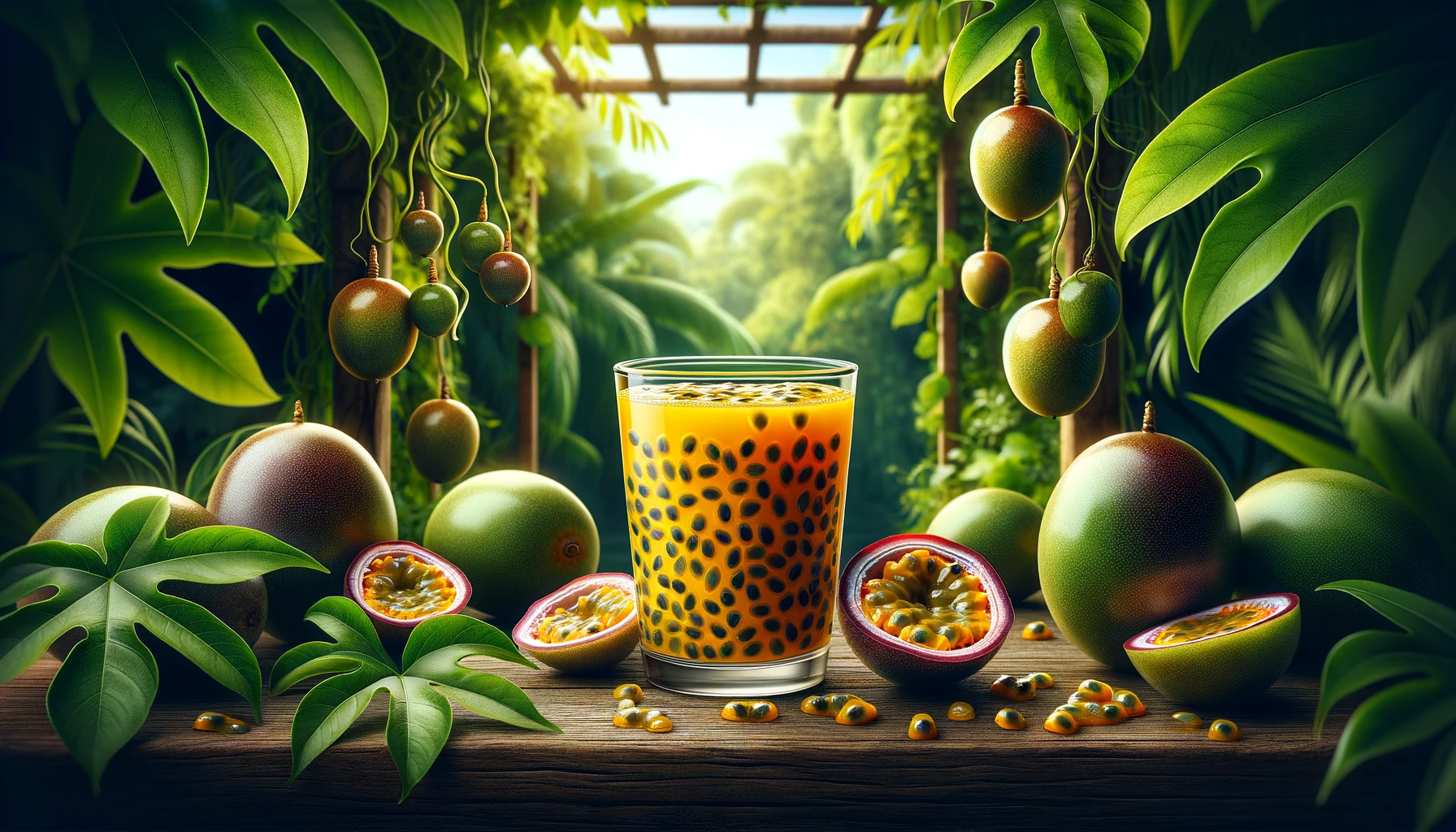 Passion fruit juice in a glass set against a tropical backdrop with vines and leaves, highlighting the beverage's rich golden color and floating seeds.
